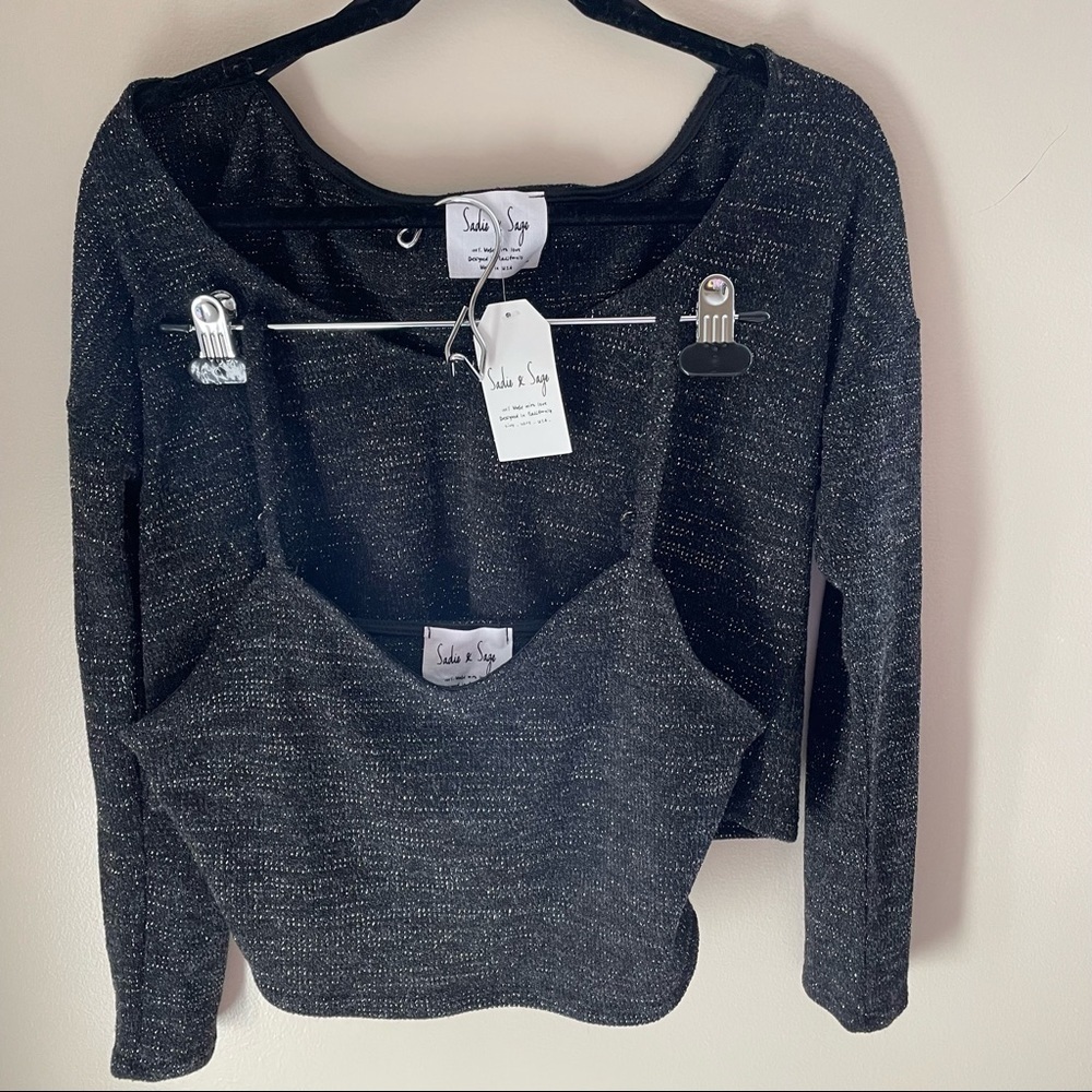 Sadie & Sage Black Sparkle Knit Sweater and Crop Top Set